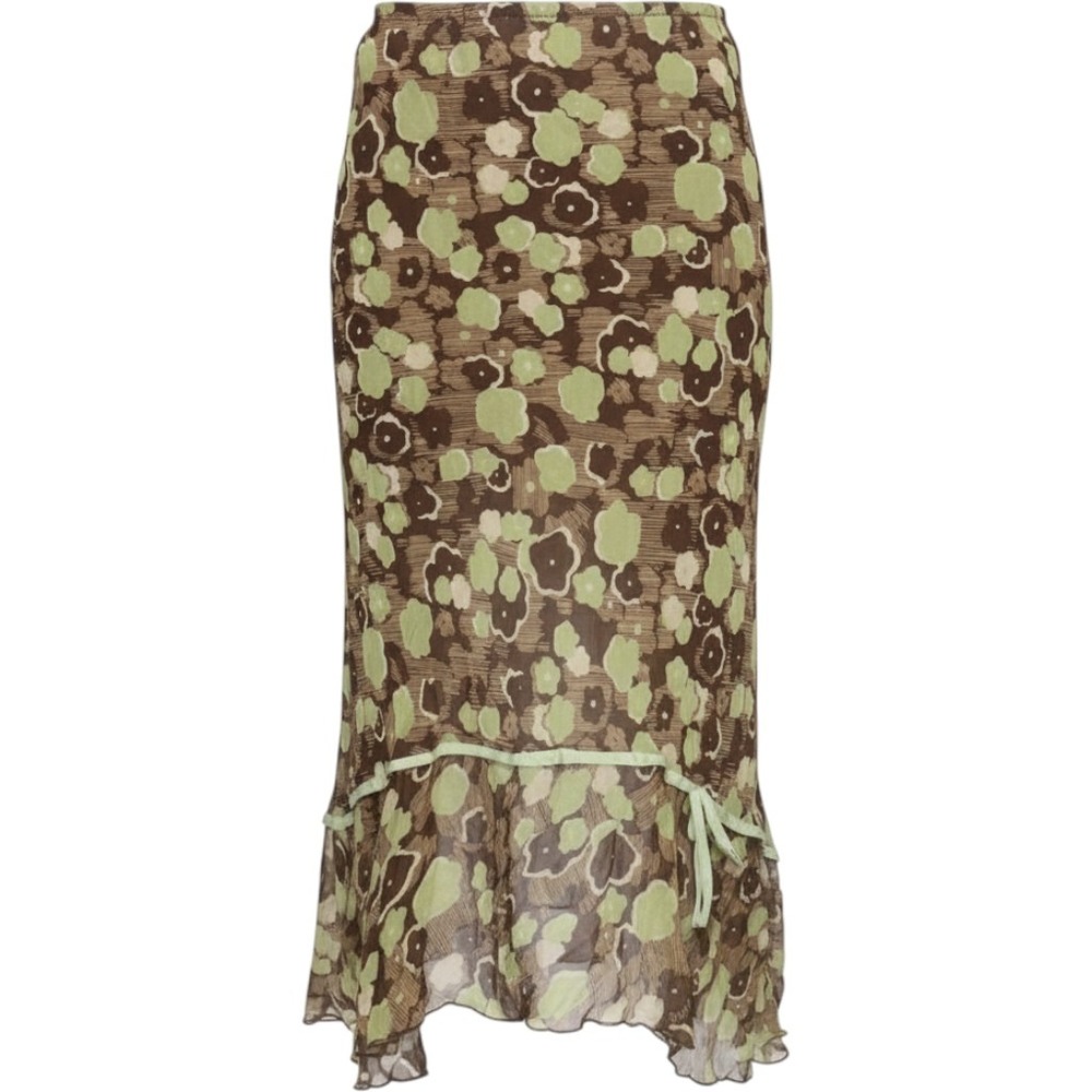 Allison Taylor Silk Floral Midi Skirt Brown Green Ruffle Hem Y2K Whimsigoth L